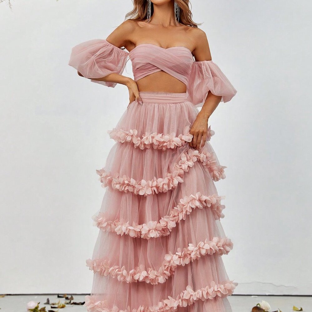 Dusty Pink Party Women's Off-Shoulder Crop Top & Ruffled Tulle Skirt Set - Picture 6 of 6